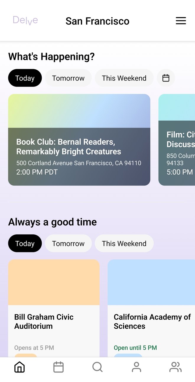Delve home screen showing what's happening today in San Francisco