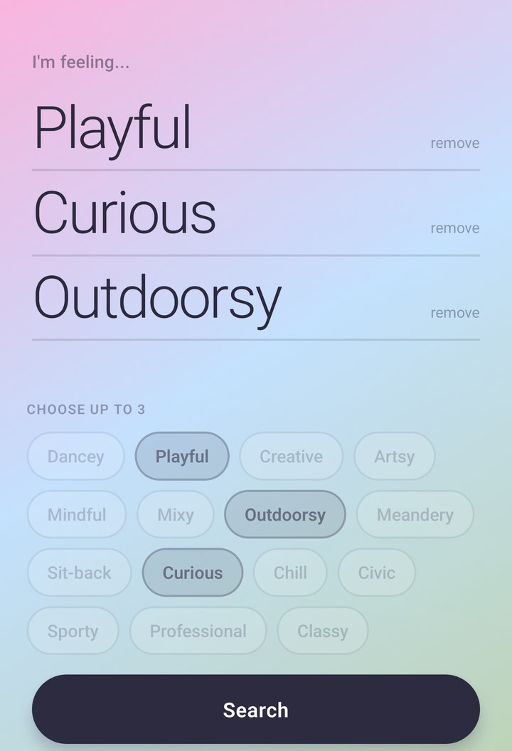 Delve search screen with Playful, Curious and Outdoorsy selected